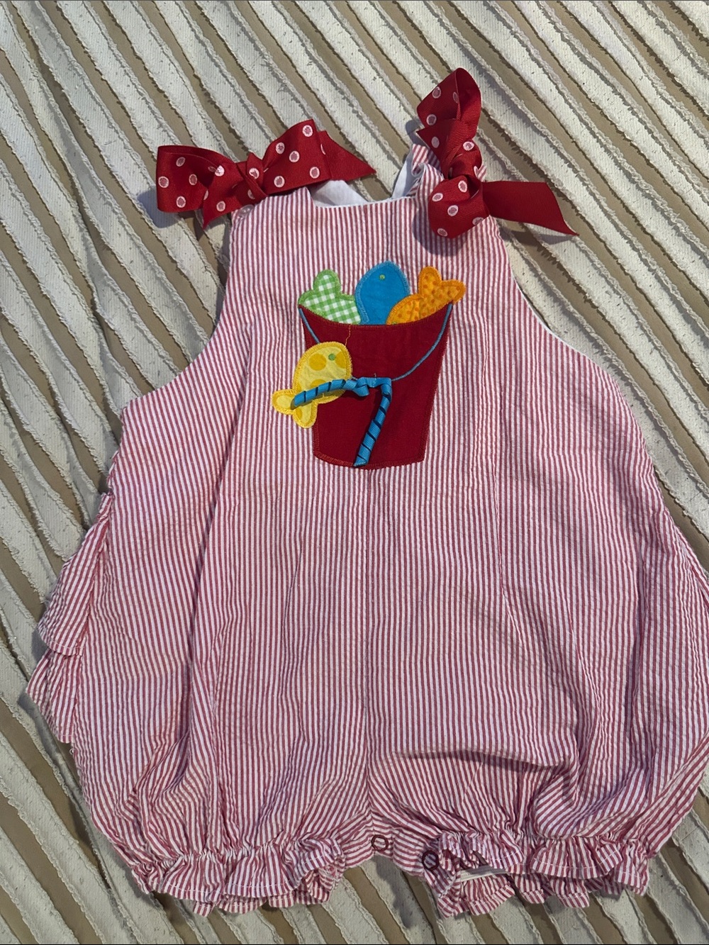 Red Striped Baby Bubble Romper with Beach Bucket Applique